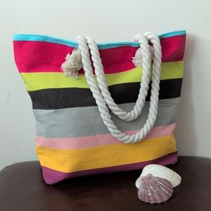 Striped Multicolor Beach Tote Bag with Rope Handles